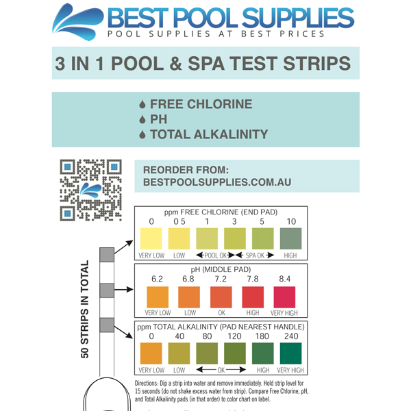 3 in 1 Swimming Pool & Spa Water Test Strips - 50 Strips