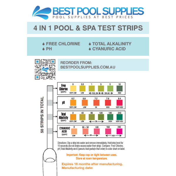 4 in 1 Swimming Pool & Spa Water Test Strips - 50 Strips