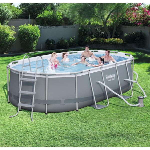 Bestway 4.27m x 2.50m x 1.00m Power Steel Oval Pool Set with 530gal Cartridge Filter - 56622 + FREE SOLAR POOL COVER NO.11