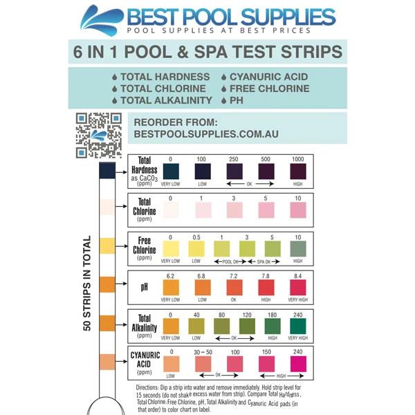 6 in 1 Swimming Pool & Spa Water Test Strips - 50 Strips