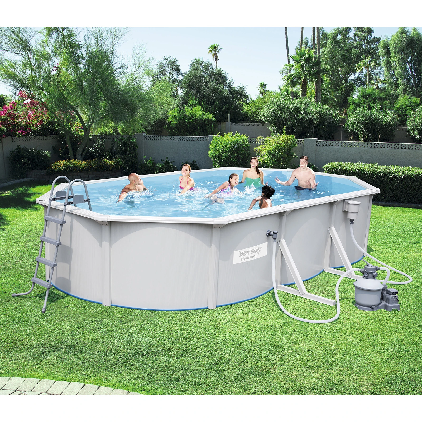 Bestway 6.1m x 3.6m x 1.2m Hydrium Oval Steel Wall Pool with 1600gal Sand Filter Pump - 56370