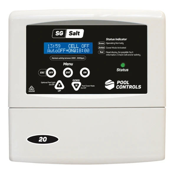 Pool Controls SG20T - 20 g/h Self Cleaning Salt Water Chlorinator w. Light Transformer