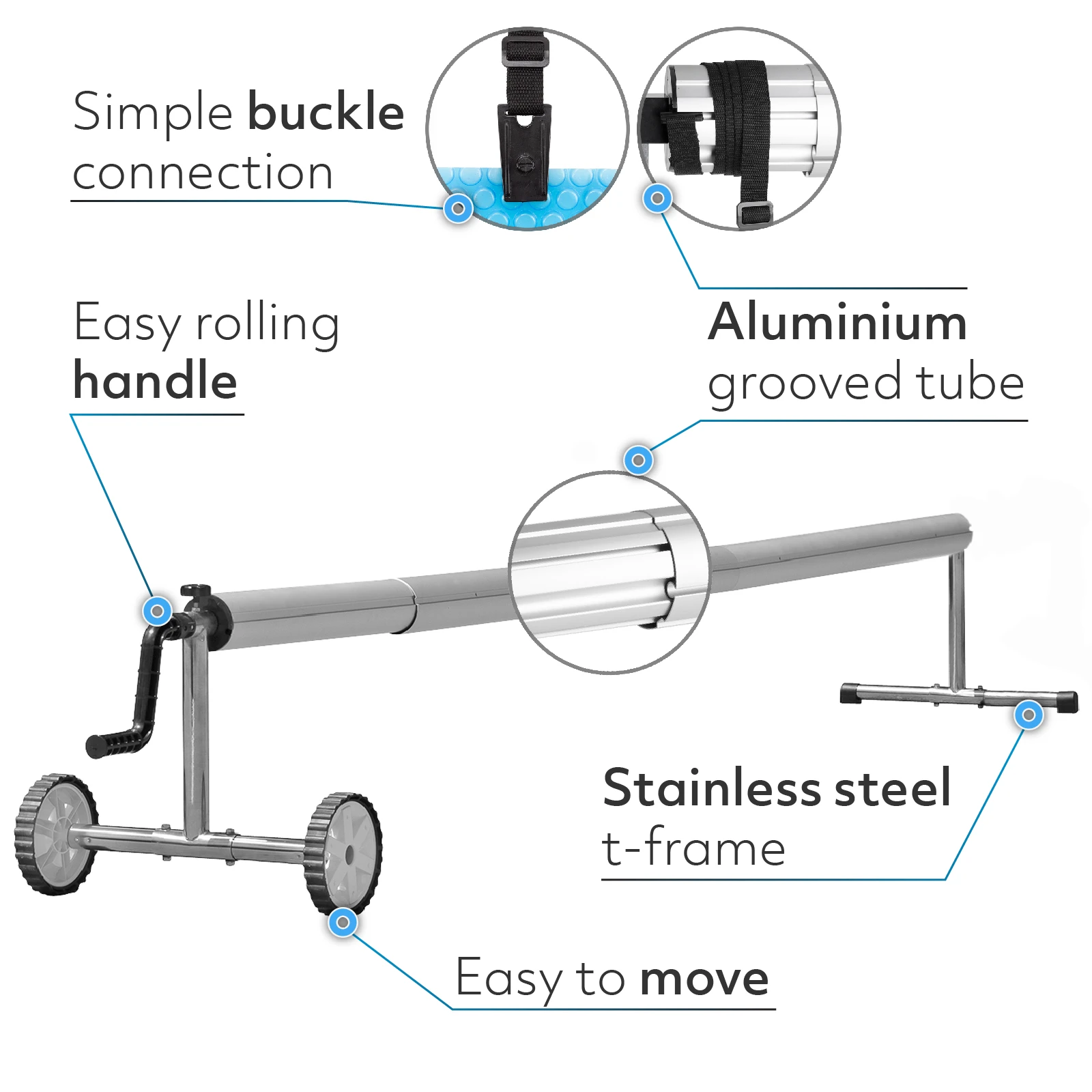 PoolCraft T Frame Pool Cover Roller - Handle Straps and Buckles - 3m to 5.7m Long Tube