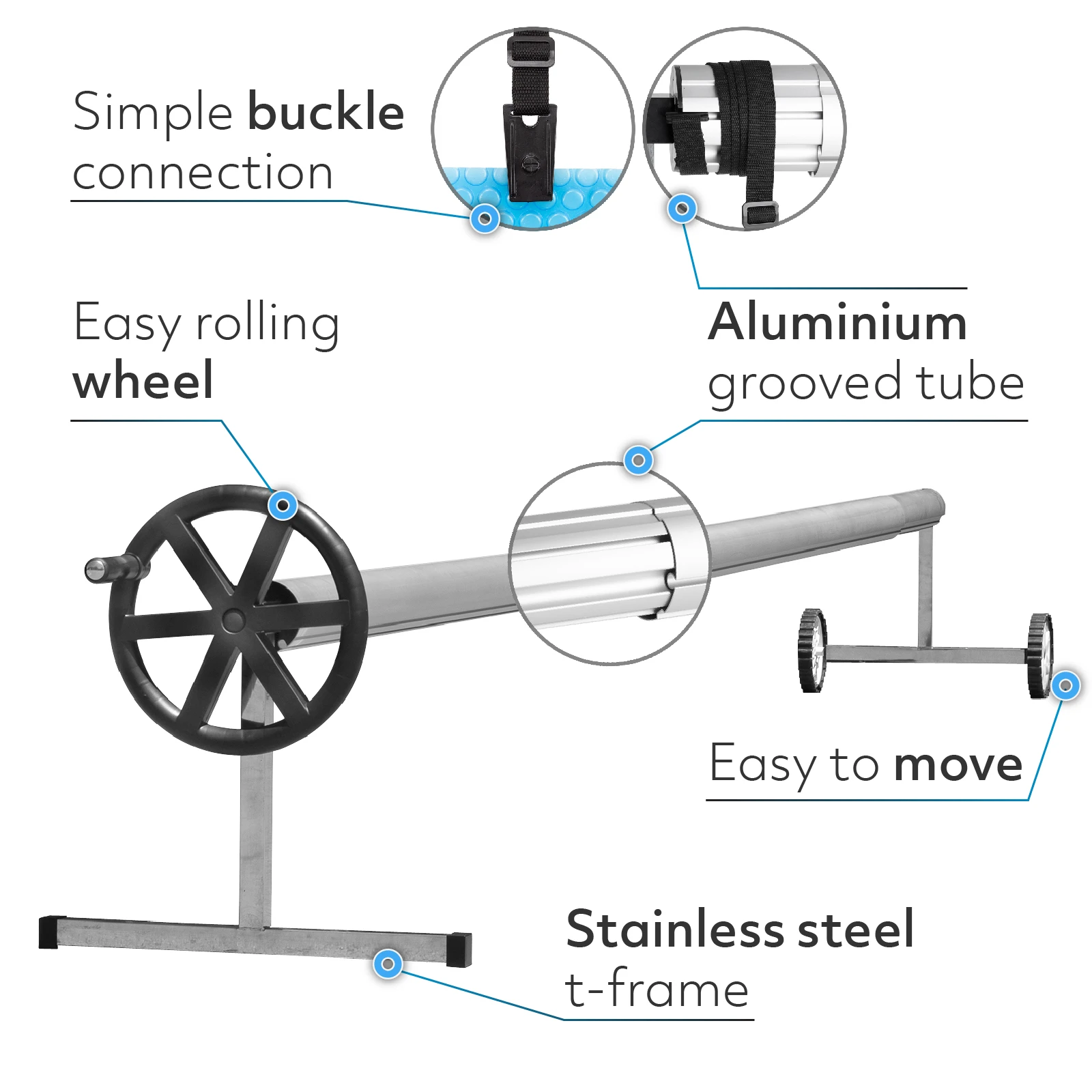 PoolCraft T Frame Pool Cover Roller - Wheel Straps and Buckles - 4.9m To 6.45m Long Tube