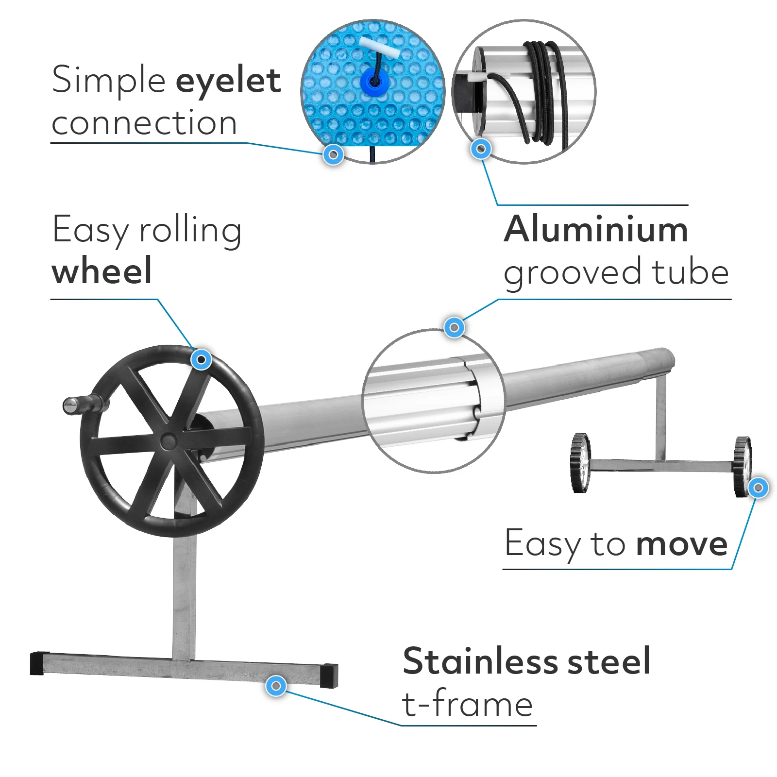 PoolCraft T Frame Pool Cover Roller - Wheel Strings and Eyelets - 4.9m to 6.45m Long Tube