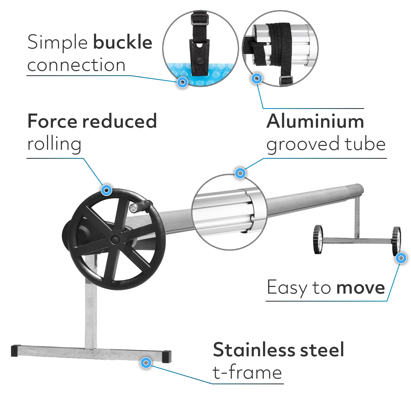 PoolCraft T Frame Pool Cover Roller Wheel w. Force Reducing Device Straps and Buckles - 4.9m to 6.45m Long Tube