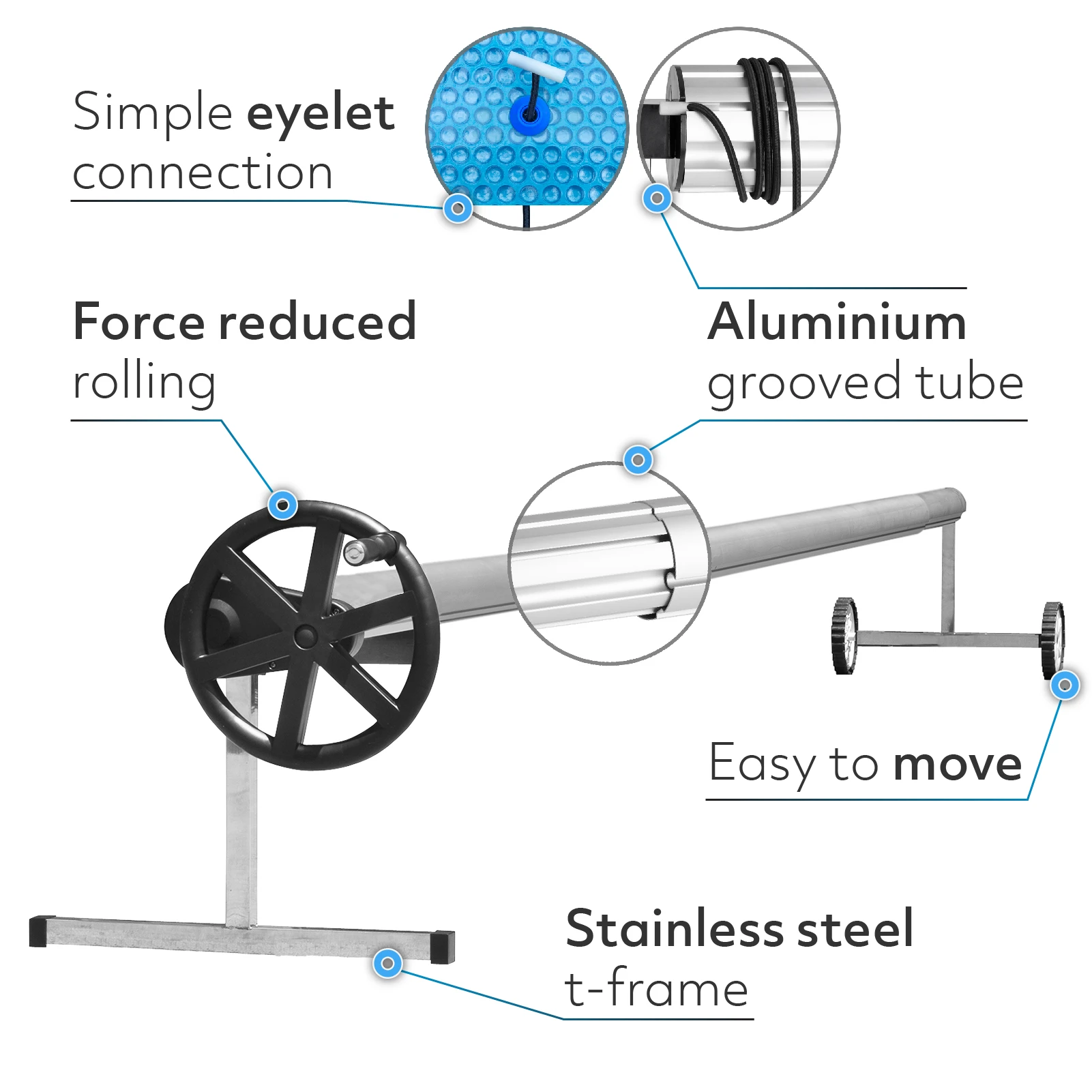 PoolCraft T Frame Pool Cover Roller - Wheel w. Force Reducing Device Strings and Eyelets - 4.9m to 6.45m Long Tube