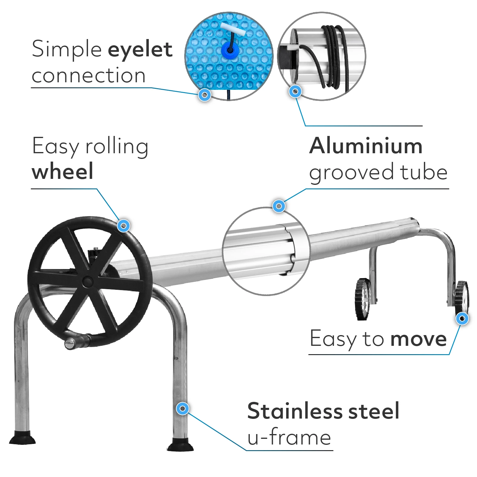 PoolCraft U Frame Pool Cover Roller - Wheel Strings and Eyelets - 4.9m to 6.45m Long Tube