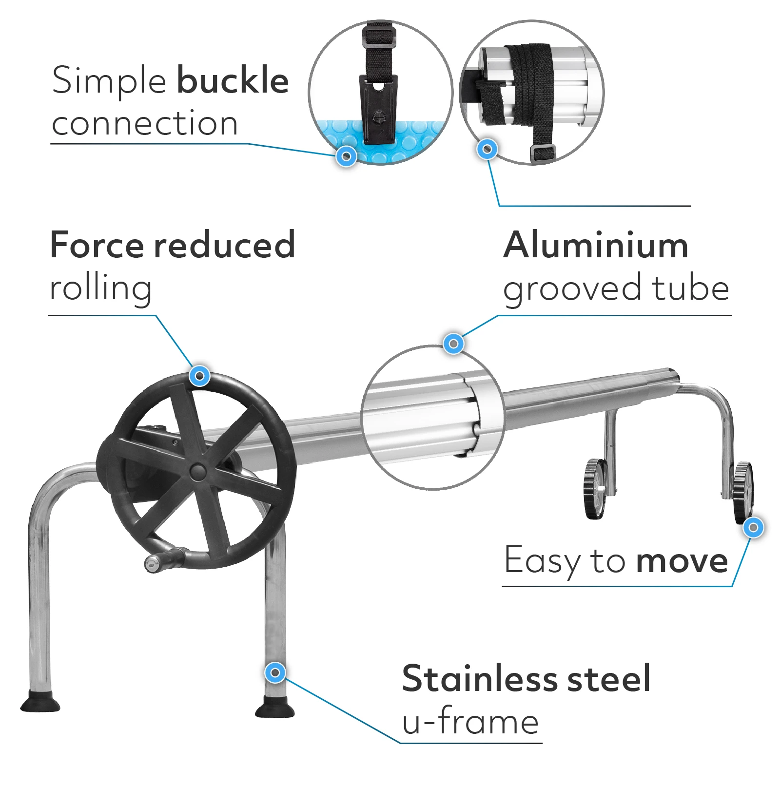 PoolCraft U Frame Pool Cover Roller Wheel w. Force Reducing Device Straps and Buckles - 4.9m to 6.45m Long Tube
